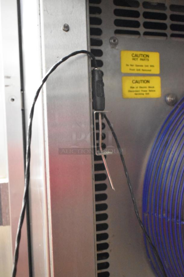 Alto Shaam Stainless Steel Quickchiller Blast Chiller with 2 probes, shown in close-up. Yellow caution labels visible.