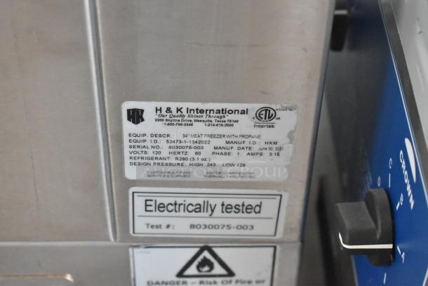 H&K 52473-1 stainless steel commercial french fry freezer, model 2021, with fry basket holder, on casters. Electrically tested label.