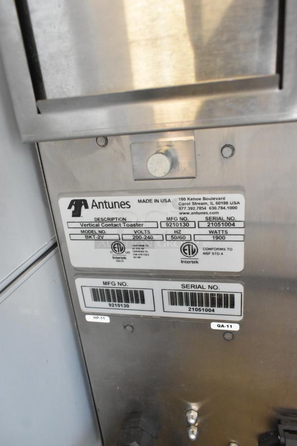 2021 AJ Antunes BKT-2V Vertical Contact Toaster. Model 9210130, 200-240V, stainless steel, ETL certified, serial 21051004.