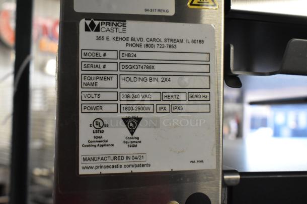 Prince Castle EHB24 Commercial Holding Bin label. Model EHB24, Serial DSGK374786X, 208-240V, 1-Phase, UL listed.