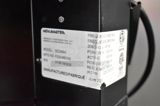 2021 Menumaster OC24BK commercial microwave, 208/240V, 1 phase. Features label with model and serial number details.