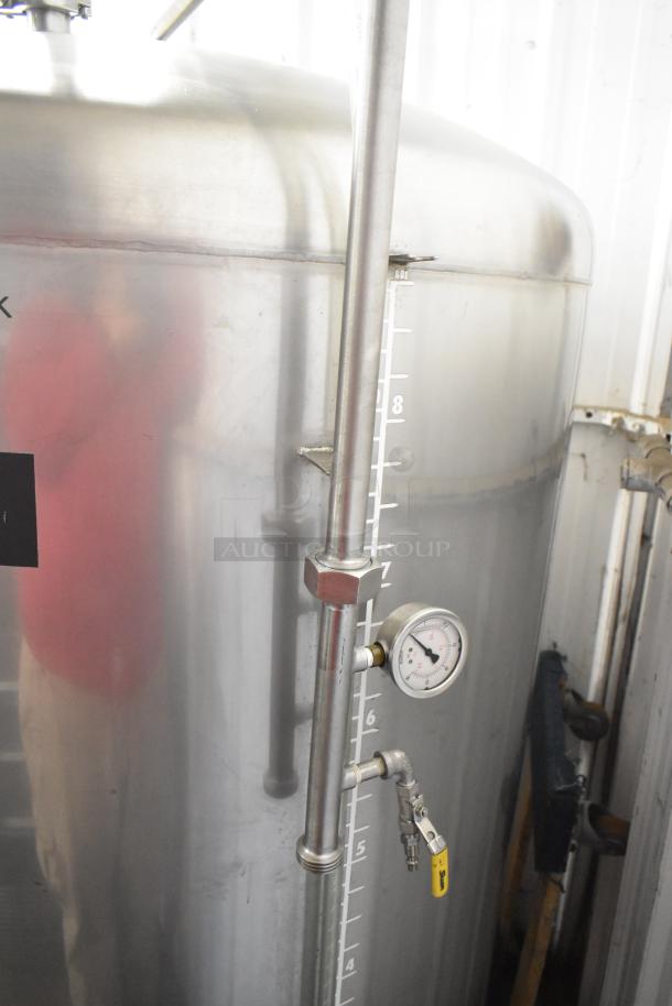 Stainless Steel 8.75 BBL / 367 Gallon Beer Tax Determination Tank with gauge and measurement markings, pristine condition.