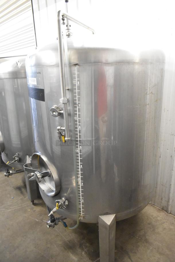 Stainless steel 8.75 BBL beer tax determination tank, commercial grade, 367 gallons, floor style, with visible measurement gauge.