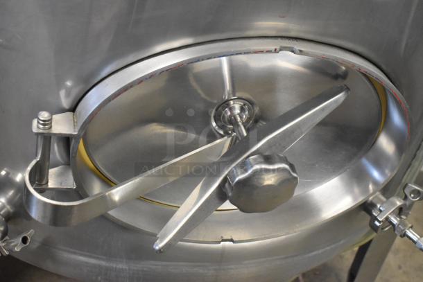 Stainless steel commercial 8.75 BBL beer tax determination tank, 367 gallons, with secure lid and fittings.
