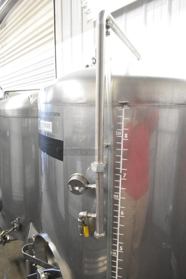 Stainless steel 8.75 BBL/367-gallon beer tax determination tank; features gauge and spigot; clean, commercial condition.