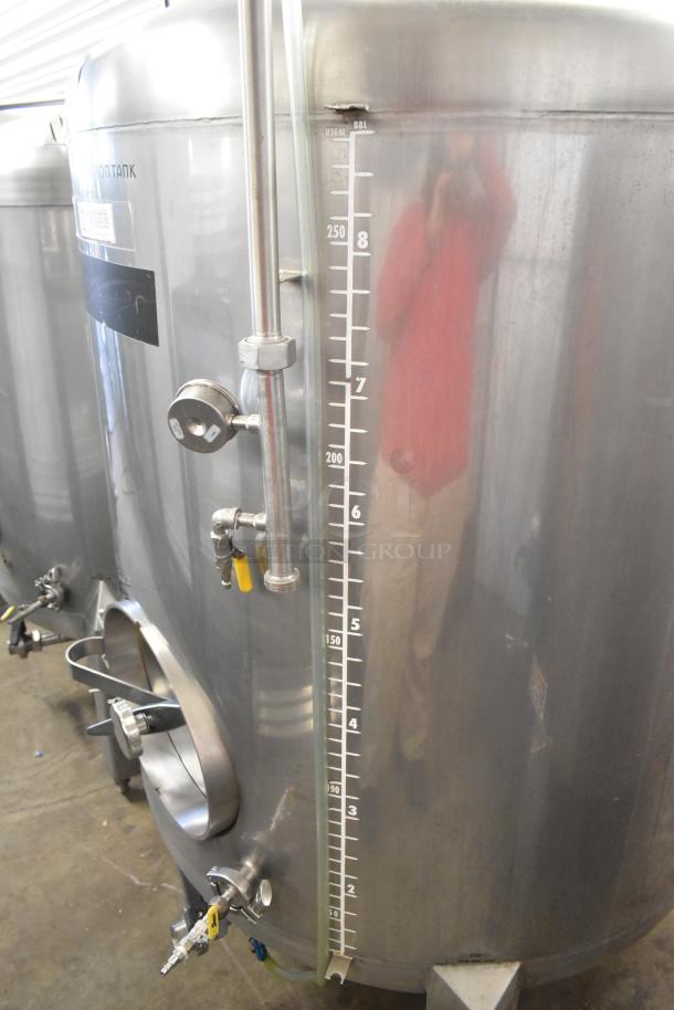 Stainless steel 8.75 BBL / 367 gallon commercial beer tank with gauge and taps, used for tax determination and clear beer.