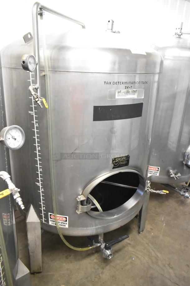 Stainless steel 8 BBL / 336-gallon beer tax determination tank with gauge, labeled "Tax Determination Tank SV-7", in used condition.