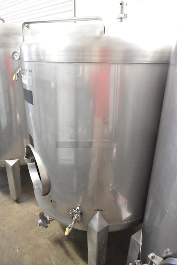 Stainless steel 8 BBL beer tax determination tank in good condition, featuring pressure gauge and custom label. Suitable for commercial use.