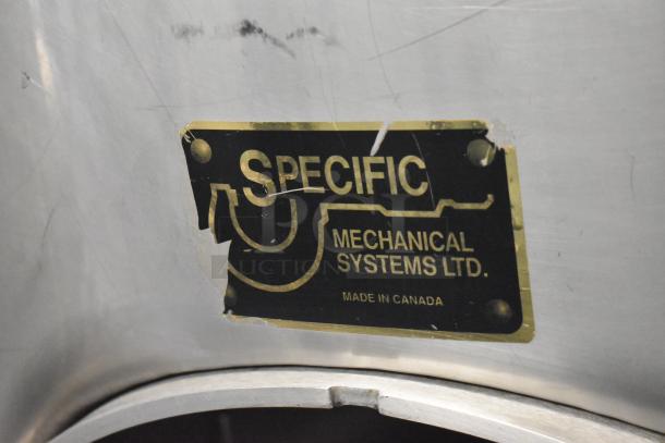 Stainless steel tank, 8 BBL / 336-gallon capacity, by Specific Mechanical Systems Ltd., made in Canada.