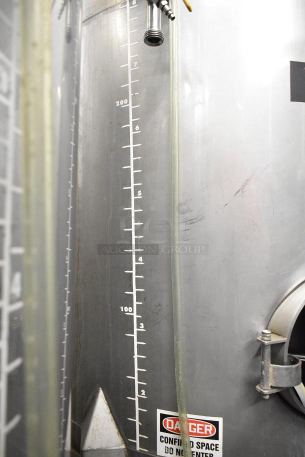 Stainless steel 8 BBL / 336 gallon beer tank with volume markings, side view. Includes danger label for confined space.