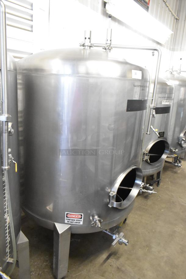 Stainless steel 8.75 BBL/367-gallon beer tax determination tank, commercial floor style, visible valves and "Danger" label.