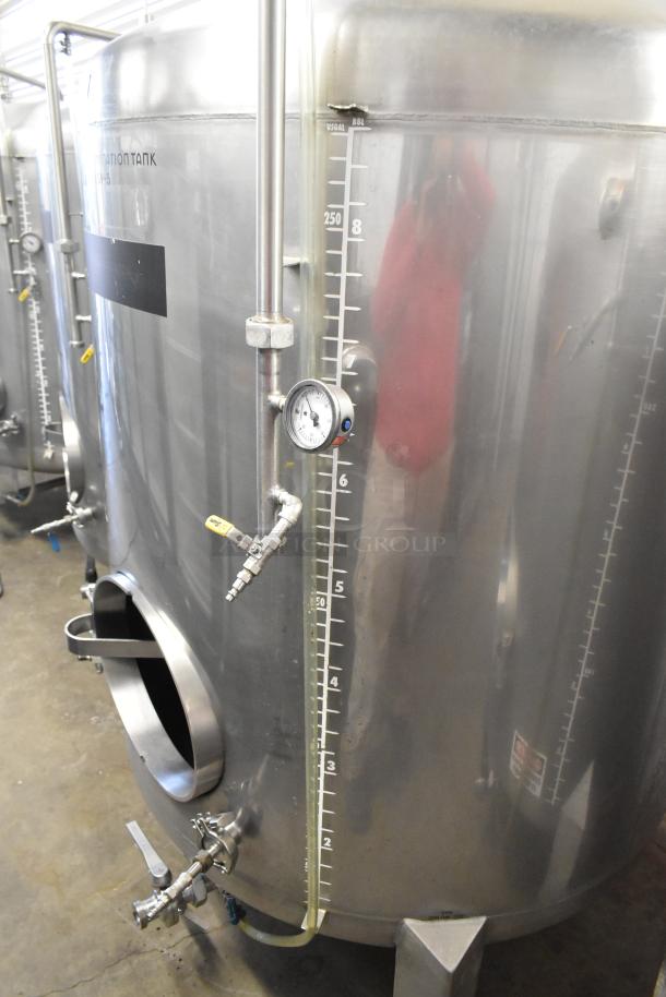 Stainless Steel Commercial 8.75 BBL / 367 Gallon Beer Tax Determination Tank. Features pressure gauge, volume markings.