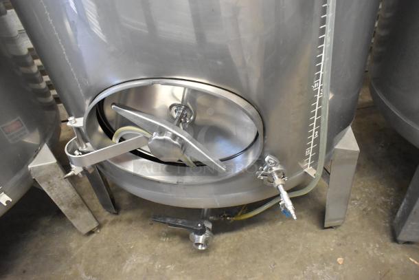 Stainless Steel 8.75 BBL / 367 Gallon Beer Tank, commercial floor style, with visible markings and sturdy legs.