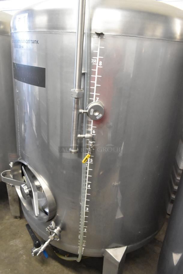 Stainless steel 8.75 BBL / 367-gallon beer tax determination tank in excellent condition, features visible measurements.