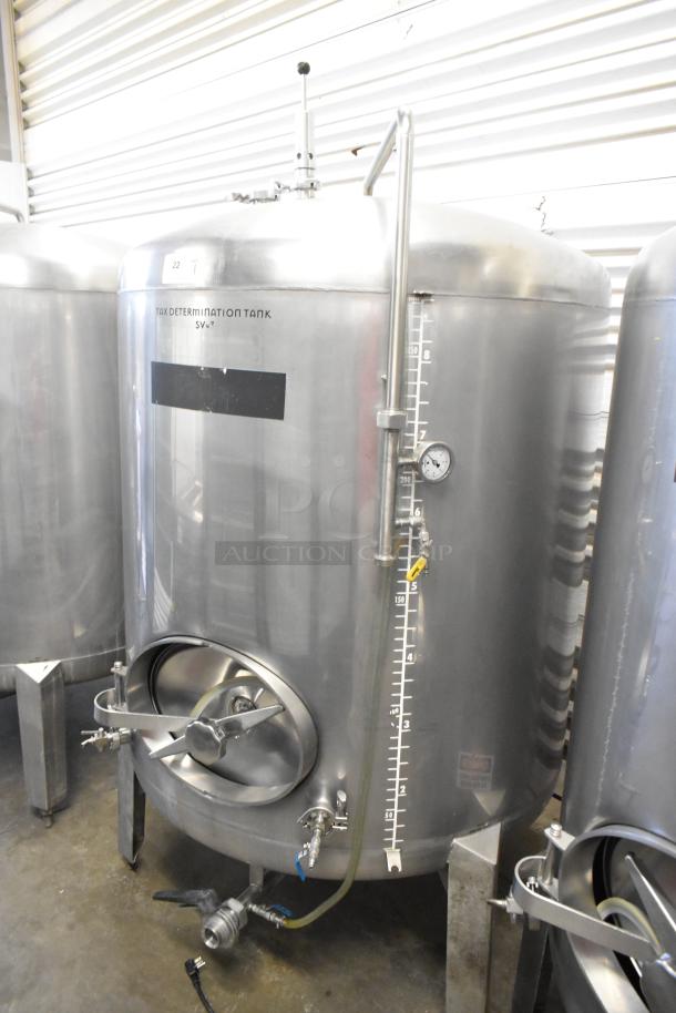 Stainless steel 8.75 BBL / 367-gallon beer tax determination tank, features gauges, valves, labeled "Tax Determination Tank."