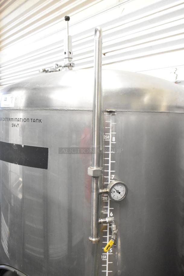 Stainless steel 8.75 BBL beer tax determination tank, 367-gallon capacity, featuring gauge, valve, and volume markings.