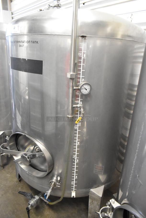 Stainless steel 8.75 BBL / 367-gallon beer tax determination tank with gauge and markings, floor style, in excellent condition.