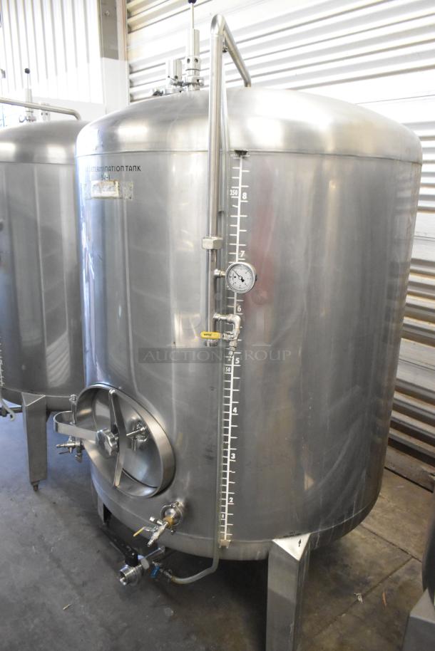 Stainless steel 8.75 BBL/367-gallon beer tank, labeled "Tax Determination Tank," with gauge and valves, floor style.