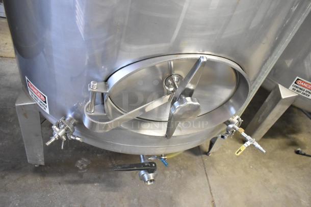 Stainless steel commercial floor-style 8.75 BBL/367-gallon beer tax determination tank. Visible danger labels.