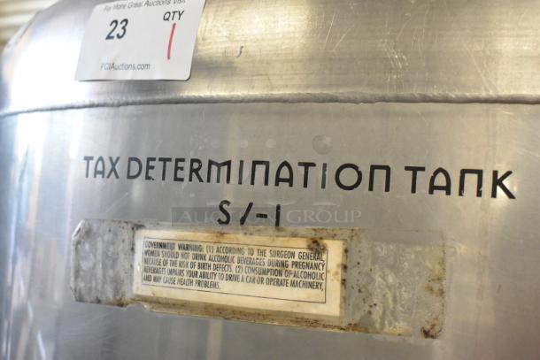 Stainless steel 8.75 BBL / 367-gallon beer tax determination tank, commercial use, clear beer, government warning label.