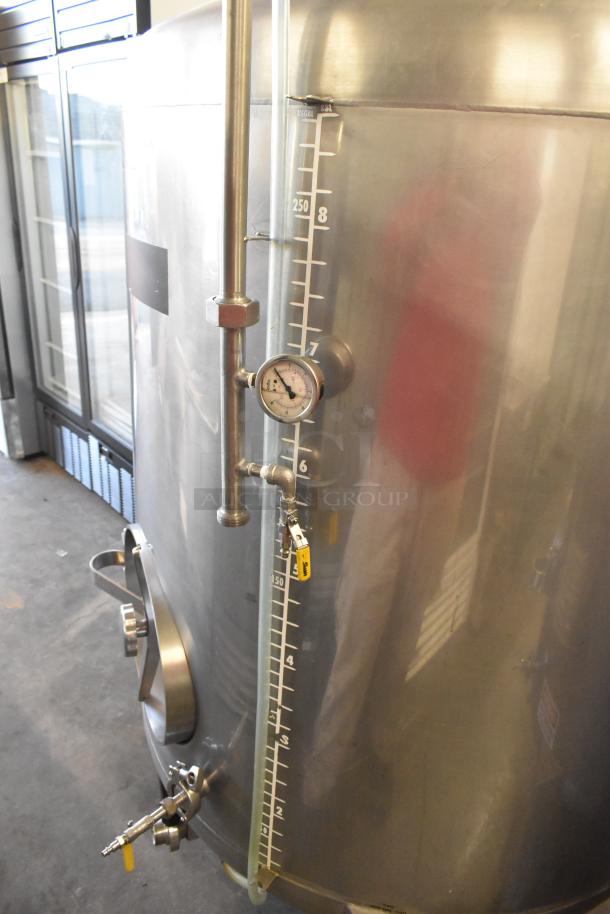Stainless Steel 8.75 BBL / 367 Gallon Beer Tank with gauge, stainless fittings, and capacity markings. Commercial use.