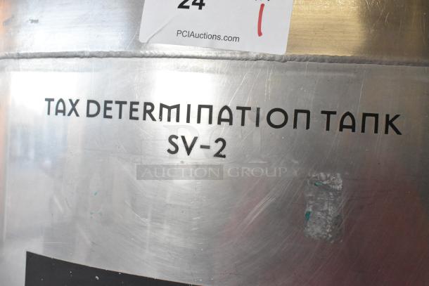 Stainless steel commercial beer tax determination tank with "SV-2" marking, 8.75 BBL/367 gallons. Visible PCI Auctions label.