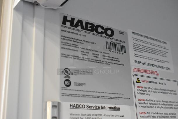 2019 Habco SE18 commercial cooler label showing model, electrical rating, design pressures, and safety instructions.