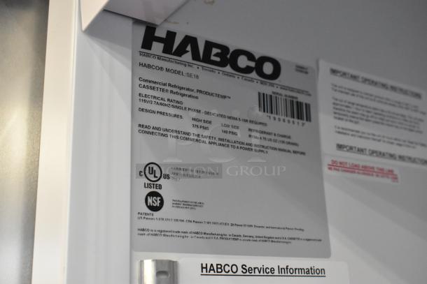 2019 Habco SE18 Metal Commercial Cooler label showing model, electrical rating, certifications, and service info.