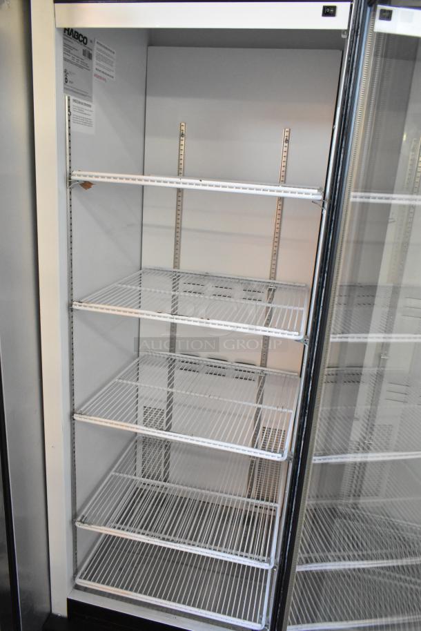 2019 Habco SE18 single door cooler, metal frame, poly-coated racks, 115V, 1 phase, excellent condition, merchandiser tags visible.