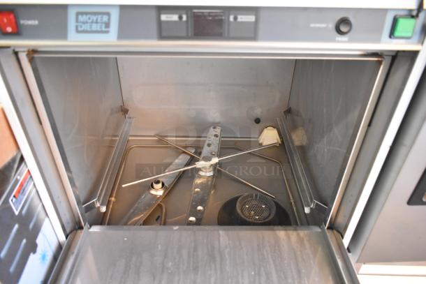 Brand new Moyer Diebel 383HT undercounter dishwasher, high-temp, 115/208-230V, 1 phase, visible interior components.