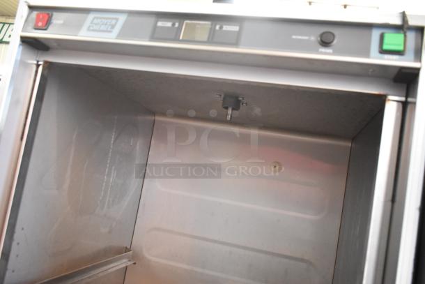 Brand new 2025 Moyer Diebel 383HT undercounter dishwasher, high temp, with booster. Shows control panel and interior, 115/208-230V.