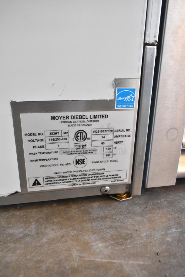 Brand new Moyer Diebel 383HT undercounter dishwasher, high-temp, with booster. Voltage: 115/208-230, 1 phase. Energy Star label.