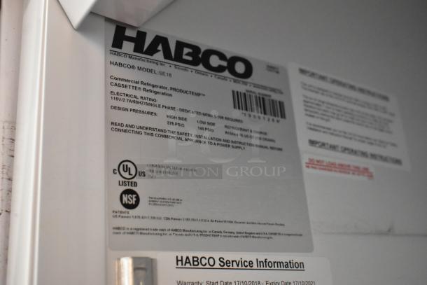 2019 Habco SE18 commercial cooler label, showing model, electrical rating of 115 volts, 1 phase, and UL, NSF listings.