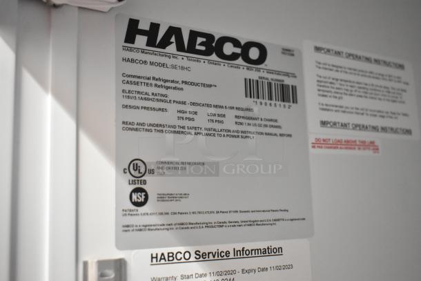 2019 Habco SE18HC commercial cooler tag showing model, electrical rating of 115V, and UL certification.