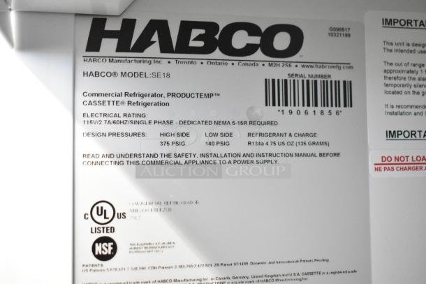 Label of 2019 Habco SE18 Commercial Cooler, 115V, 1 Phase, with poly-coated racks. Displays electrical specs, model, and serial number.