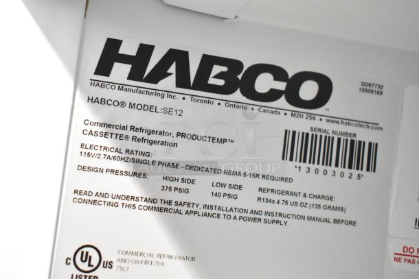 Habco SE12 commercial reach-in cooler label, showing electrical rating of 115 volts, 1 phase, and UL certification.