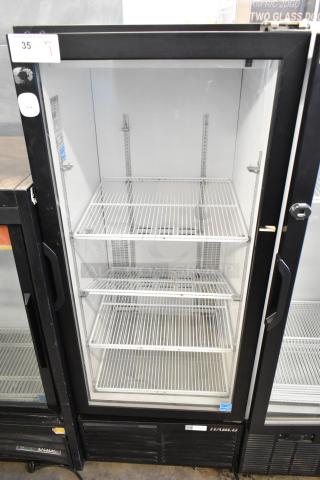 Habco ESM12 commercial single door reach-in cooler with poly-coated racks, visible model label, black frame, very good condition.