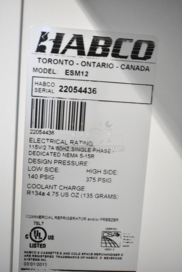 Habco ESM12 commercial cooler tag showing model, serial, electrical ratings, and refrigerant details. 115V, 1 Phase.