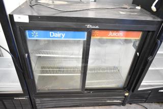 2019 True 2 Door Cooler Merchandiser, model GDM-41SL-48-HC-LD, with poly-coated racks, labeled for dairy and juices.