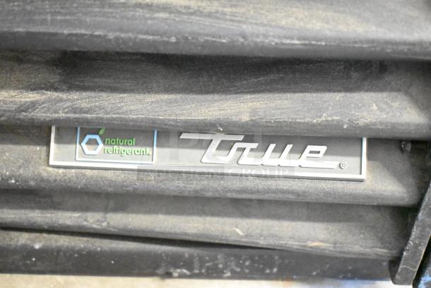 2019 True GDM-41SL-48-HC-LD logo, natural refrigerant labeled, on dusty commercial reach-in cooler surface.