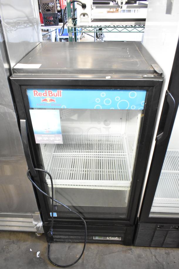 2023 True GDM-08-HC commercial single door cooler merchandiser, Red Bull branding, poly-coated racks, 115V, 1 phase.