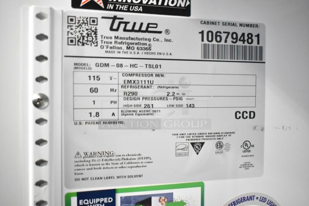 2023 True GDM-08-HC cooler label showing specs: 115 volts, 1 phase, R290 refrigerant. Model details and warnings visible.