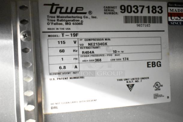 2017 True T-19F Commercial Freezer, Model T-19F, 115V, 1 Phase, R404A refrigerant, poly-coated racks, serial no. 9037183.