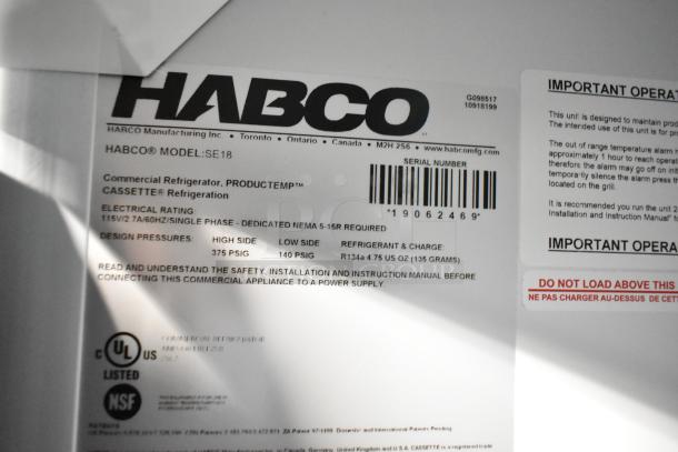 Label on 2019 Habco SE18 Commercial Single Door Cooler. Shows model, electrical rating, and operating instructions.