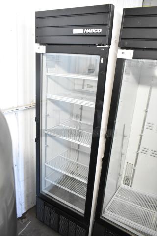 2019 Habco SE18 commercial single door cooler with poly-coated racks, black exterior, glass door, 115 volts, 1 phase.