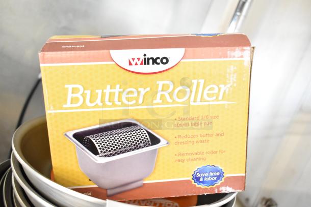 Winco SPBR-604 Butter Roller in original packaging, features removable roller, reduces waste. Part of a 14-item scratch and dent set.