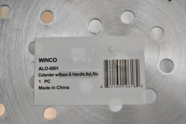 Winco ALO-8BH Colander label, 8qt aluminum, scratch, and dent item, labeled "Made in China."