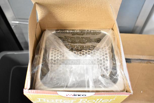 Winco SPBR-604 Butter Roller in original packaging, new condition. Includes multiple brand-new kitchen items.