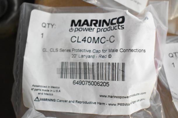 Marinco CL40MC-C protective cap in packaging, labeled for male connections with 20" red lanyard, new condition.