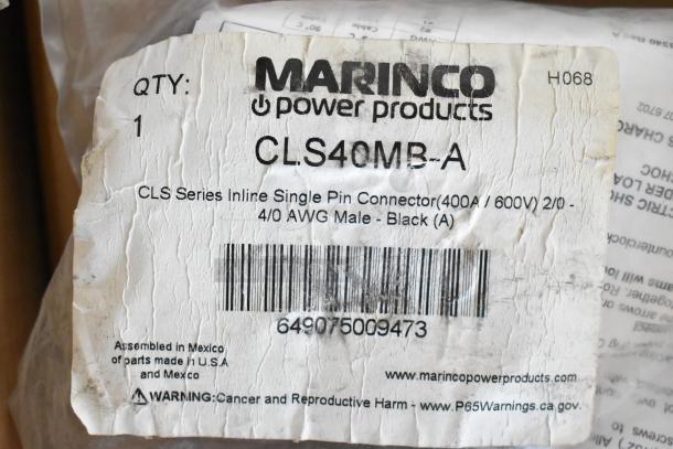 Marinco CLS40MB-A Inline Single Pin Connector label, 400A/600V, 4/0 AWG Male, Black, new condition, barcode visible.